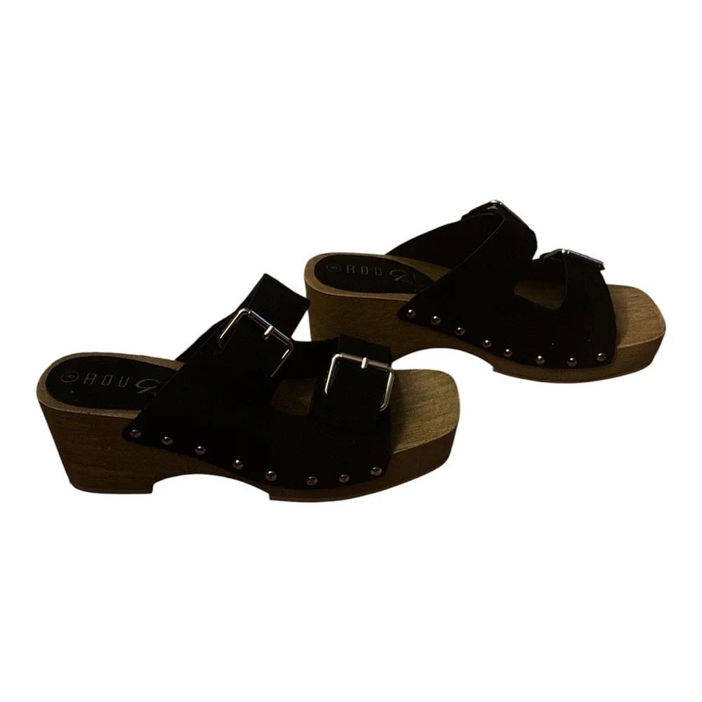 Rouge Helium Black Suede Double Buckle Platform Clog Slide Sandals Womens 8